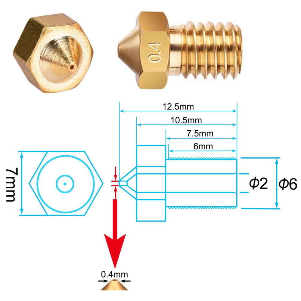 3D Printer Brass Nozzle for E3D Extruder M6 thread 1.75mm Diameter thumbnail 4